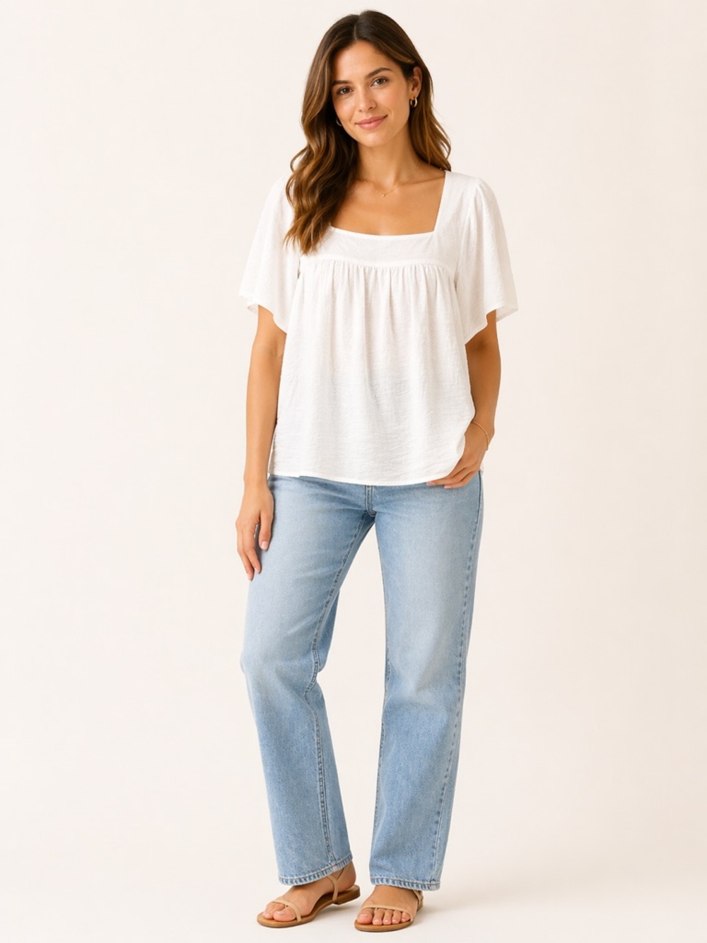 bobeau White Square-Neck Flutter Sleeve Blouse